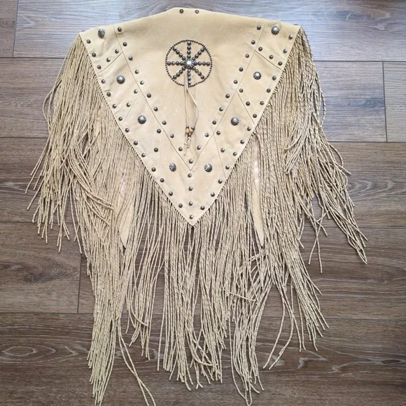 Cripple Creek Vest Tan Leather Fringe Studded Western Capelet Poncho Festival OS - Picture 9 of 14
